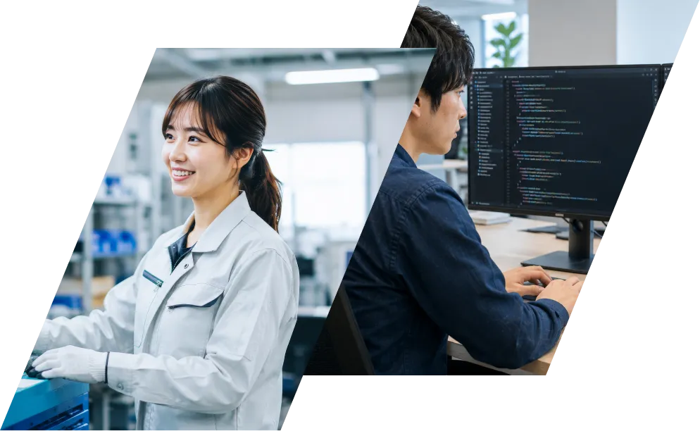 製造現場で作業する社員と、設計図をもとに部品を確認する社員の様子